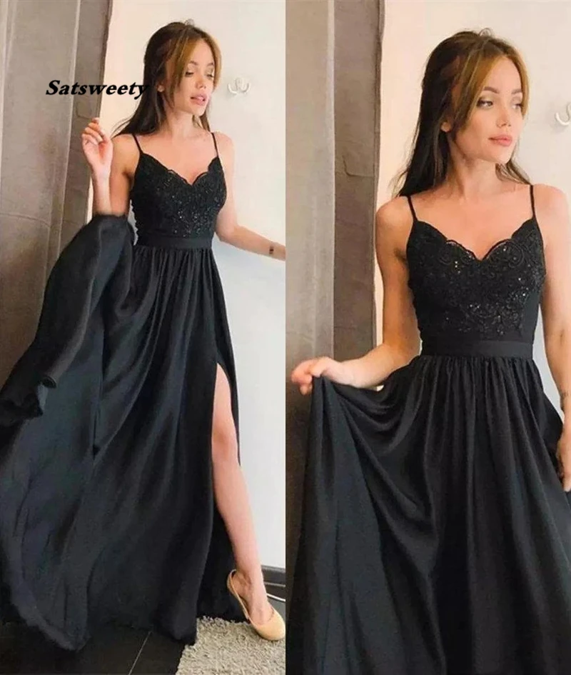 

2020 Simple Spaghetti Straps V Neck Lace Black Prom Dresses Side Slit Evening Gowns Custom Made