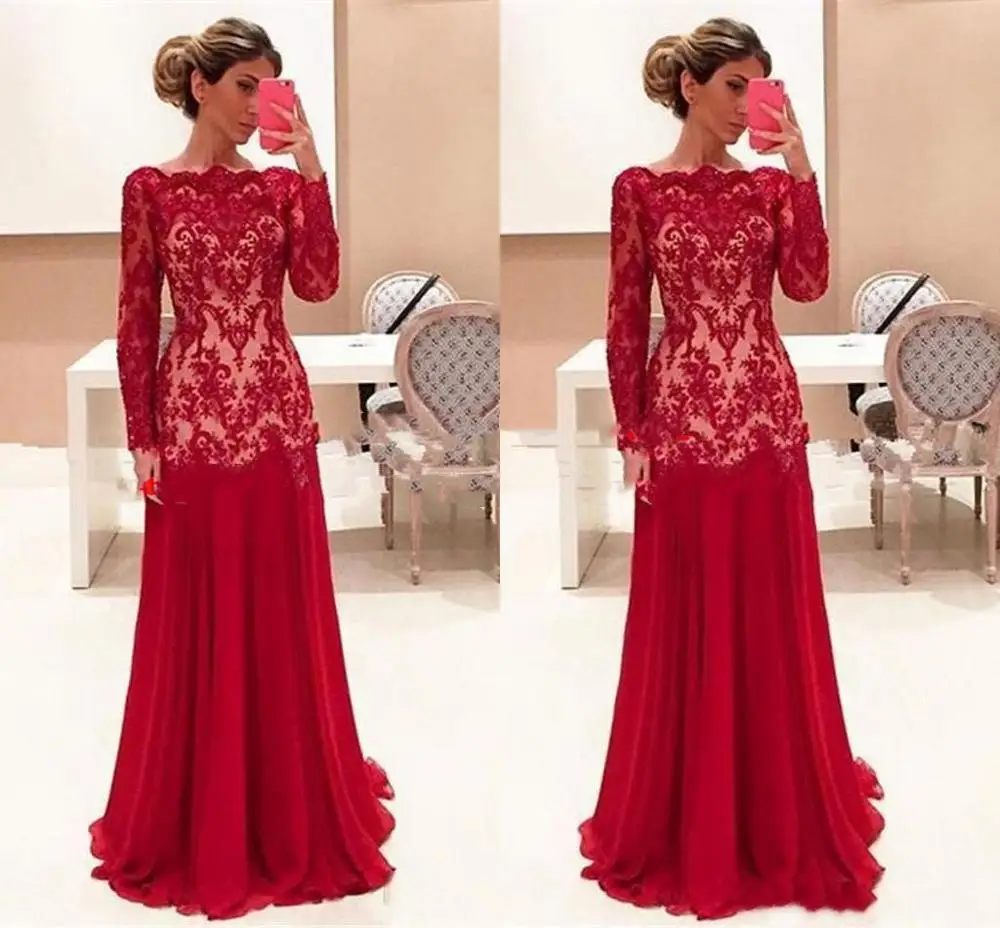 Vestido de madrinha красное платье русалки для матери невесты с длинным рукавом Кружевное жемчужное вечернее торжественное платье - Цвет: Красный