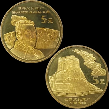 

China World Cultural Heritage Qin Shihuang Terracotta Warriors Horses Great Wall 5 Yuan Real Original Coin 2pcs Free Shipping