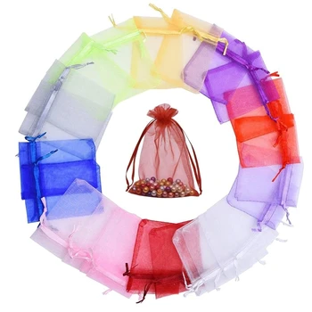 

200Pcs 7X9CM Color Ran Halloween Christmas Transparent Gauze Bag with Pure Color Drawstring Wedding Candy Mesh Bag