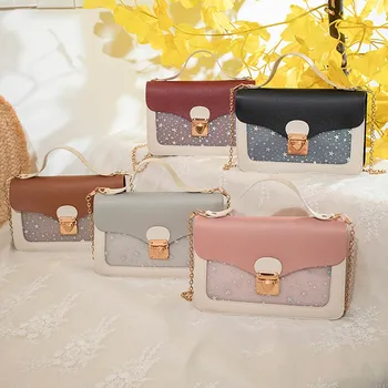 

Fashion Lady Shoulders Small Sequin Purse Mobile Phone Messenger Bag Sequined Star Print Lid Lock Small Square Bag