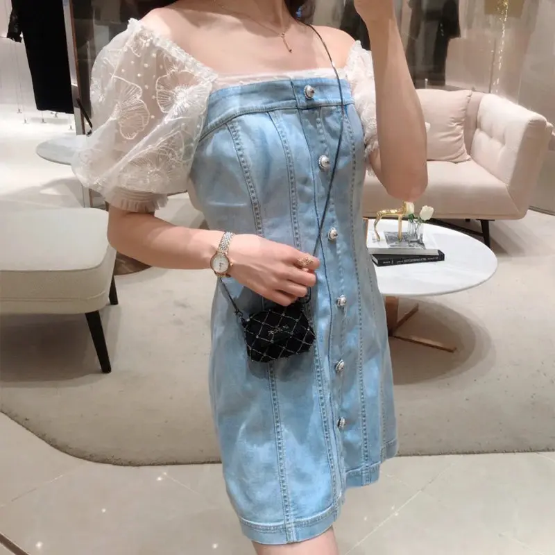 Женское джинсовое платье в стиле ретро летнее лоскутное мини синего цвета с