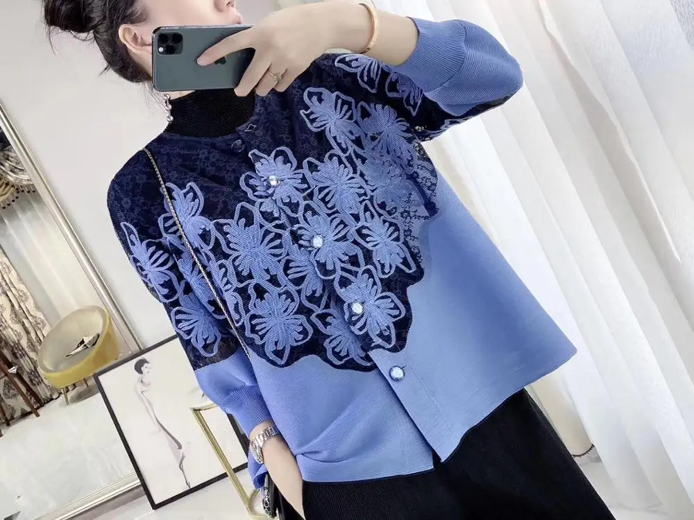 Горячая Miyake fold золотая нить вышивка фонарь рукав лоскутное кружевное пальто
