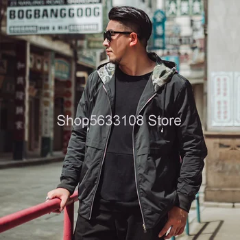 

J1166 Jacket Plus Fat Plus Fat Man Jacket Camouflage Splicing With Cap Coat Leisure Autumn Clothing