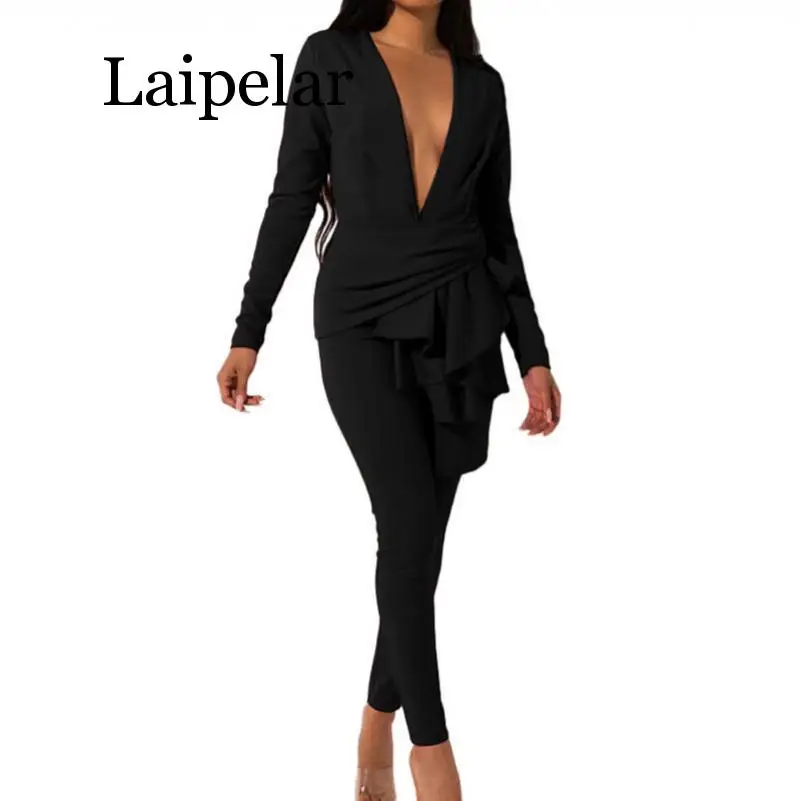 Sexy Deep V Solid Women Two Piece Suits Autumn Long Sleeve Irregular Hem Female Matching Sets Winter Casual Club Black Outfits