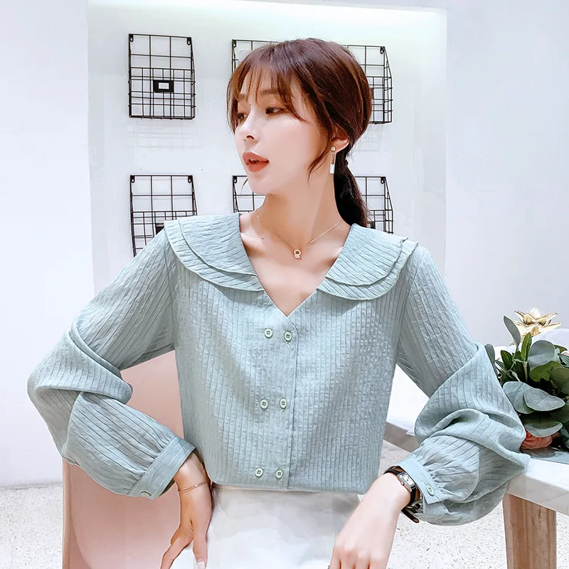 

2019 Autumn New Shirt Korean The Ruffled Double-layer Collar Mint Green Long-sleeve Chiffon Shirt Blouse Women Free Shipping
