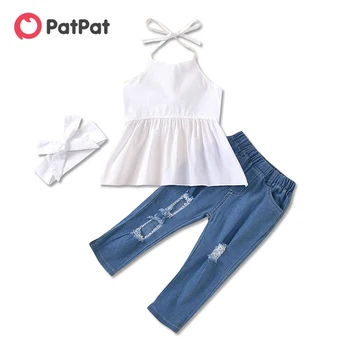

PatPat 2020 New Summer 3-piece Baby / Toddler Girl Casual Solid Top and Ribbed Jeans with Headband Set