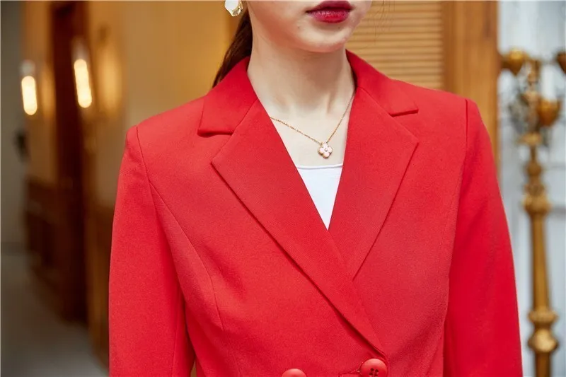 Новые Красные профессиональные женские деловые костюмы с расклешенными штанами и блейзером 2019 осень зима женские офисные брючные костюмы