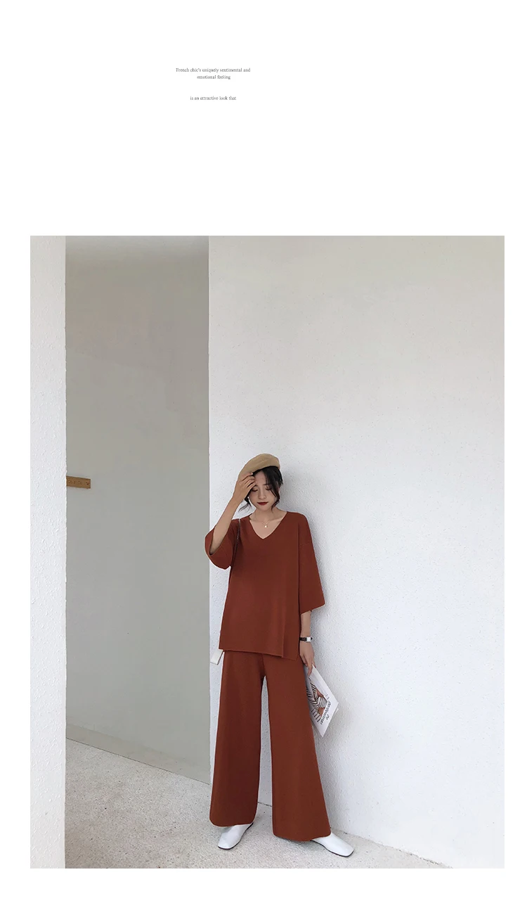 Aseven knitted suits female easing of autumn new fund split wide-legged pants twinset sweater big yards