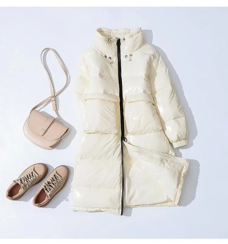 Ly Varey Lin Women Long Down Coat Winter Warm White Duck Down Parka Stand Collar Zipper Outwear Red Black Big Pocket Down Coat - Цвет: Beige
