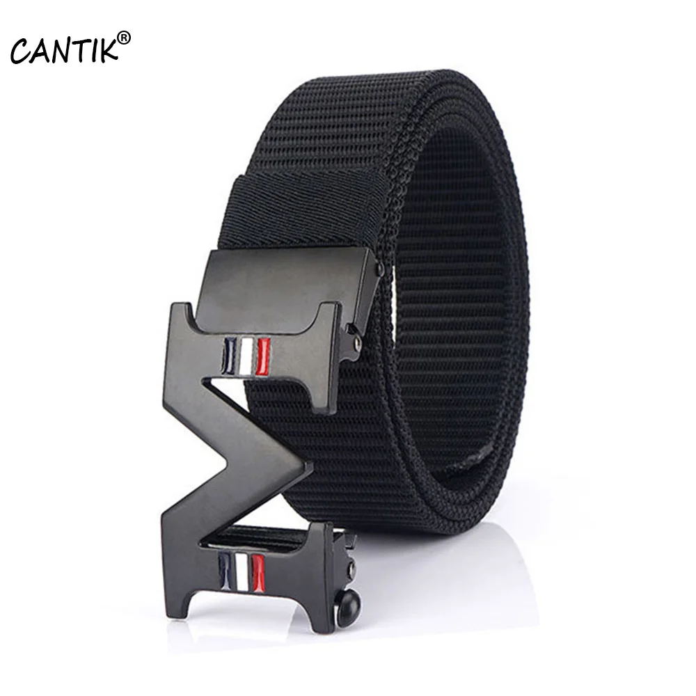 

CANTIK Brand Name Quality Canvas Nylon Belts Men Fashion M Letter Automatic Buckle Metal Jeans Accessories 3.5cm Width CBCA242