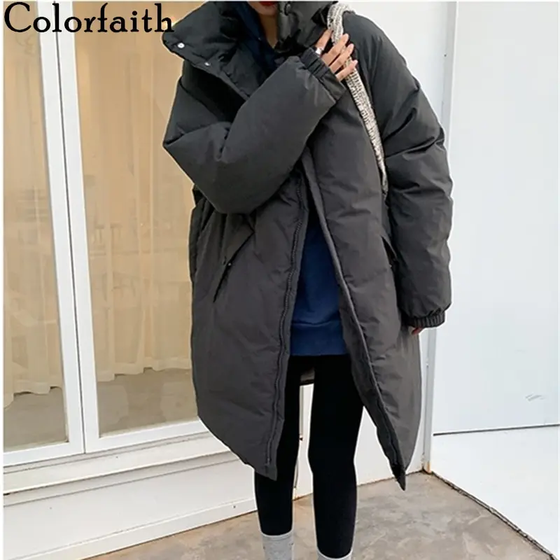Long Coat Parkas Women Jacket Spring Oversize Puffer Colorfaith Winter Pockets-Stand