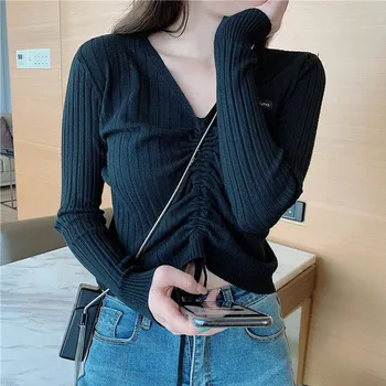 

Female Slim V Neck Sweater Knitted Pullover Women Letters Print Long Sleeves Sweaters