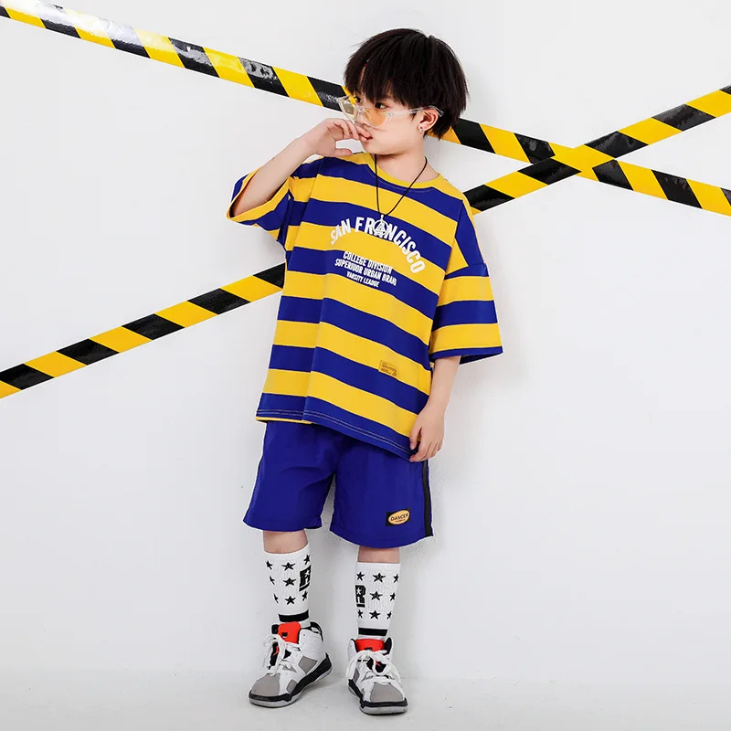

Hip Hop Children Street Dance Clothing Loose-Fit Stripe Short Sleeve Hip Hop Performance Clothes Children Hip Hop Set BOY'S Fash