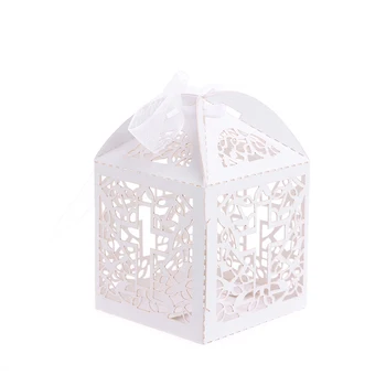

50Pcs Cross Laser Cut Candy Boxes W/Ribbon Wedding Party Baby Shower Favor Gift