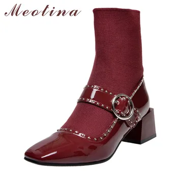 

Meotina Winter Ankle Boots Women Natural Genuine Leather Thick High Heel Short Boots Buckle Square Toe Shoes Lady Autumn 34-39