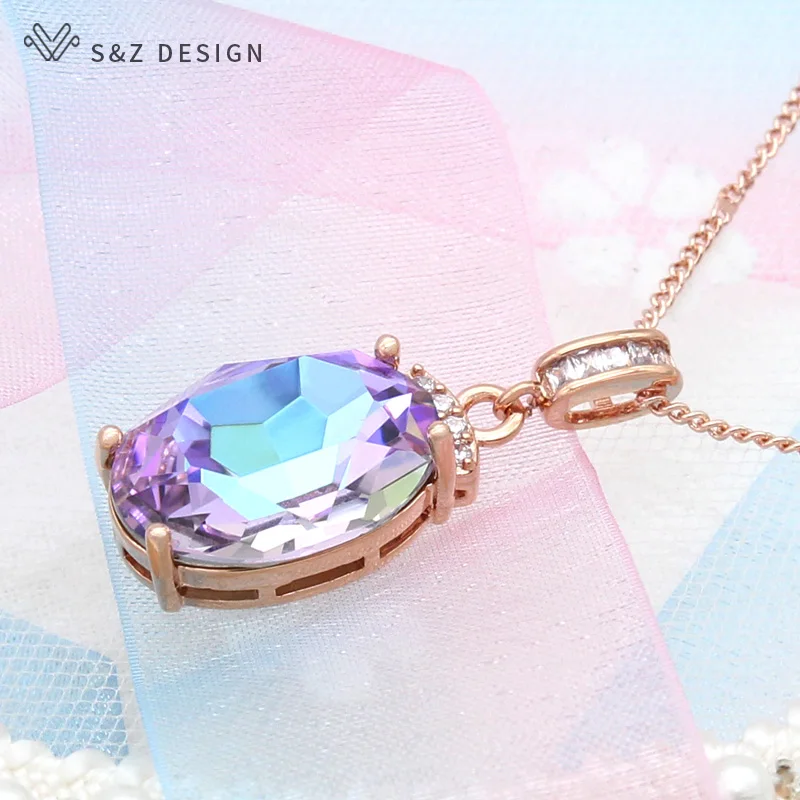 S&Z DESIGN Fashion Elegant Oval Large Crystal Necklace For Women Girl Wedding Party 585 Rose Gold Color Jewelry