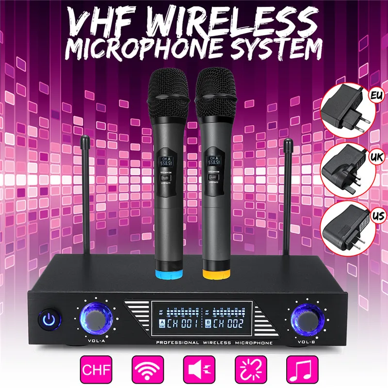 

Wireless Microphone System 220V UHF Digital 2 Channel 2 Handheld Mic Speech Party supplies quartz crystal locked Receiving