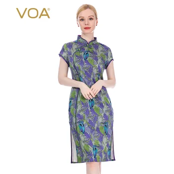 

VOA Satin Silk Abstract Printing and Dyeing Stand Collar Back Zipper Frog Contrast Color Binding Split Slim Cheongsam Dress AJ83