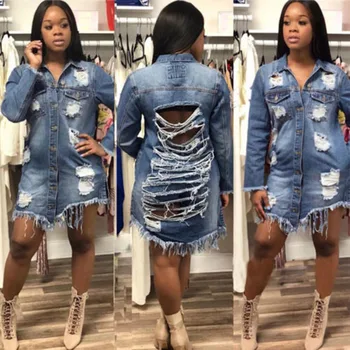 

Womens Plus Size Vestidos Denim Blouse Jumper Sundress Ladies V-Neck Oversized Longline Ripped Detail Boyfriend Shirts Blouses