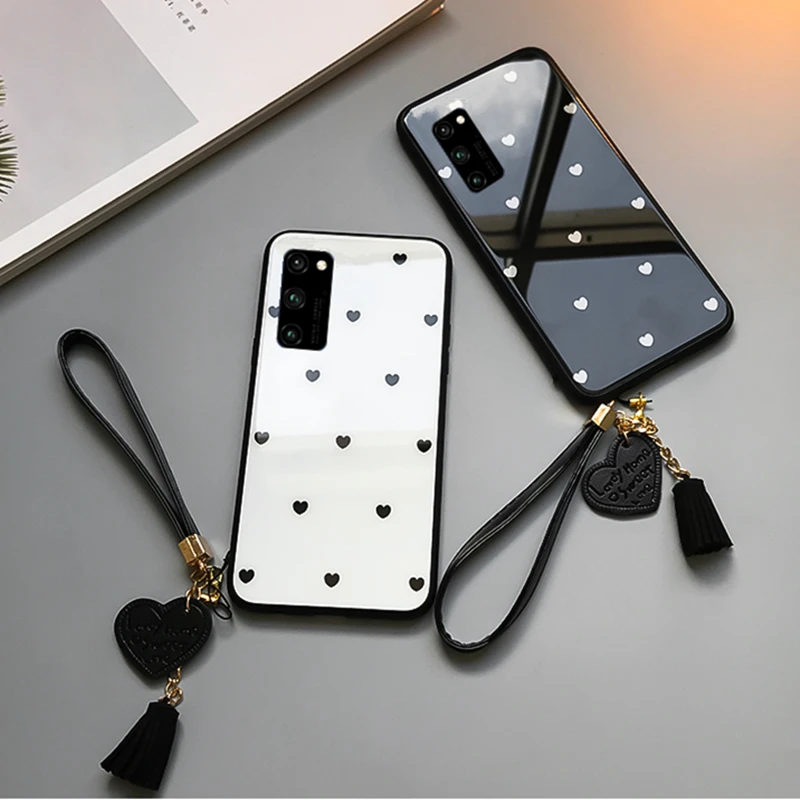 

For Samsung Galaxy A71 A51 Case & Free Strap Small Heart Glass Hard protection phone Cover For Samsung A51 A71 A70 A70S casing