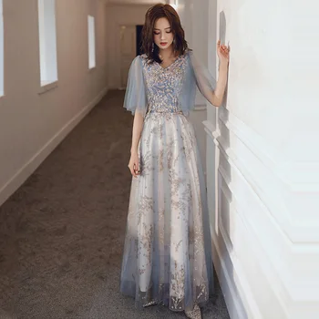 

Light Blue Evening Gowns R263 A-Line Floor Length Women Party Dresses 2020 Half Sleeve Robe De Soiree Appliques Formal Dress