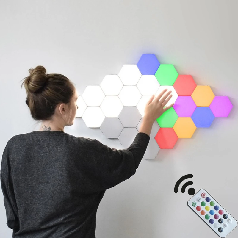 US $51.13 Remote Control Touch Led Wall Lamp Honeycomb Modular Assembly Helios Rgb Quantum Lights For Home Docer Magnetic Lighting Bedroom
