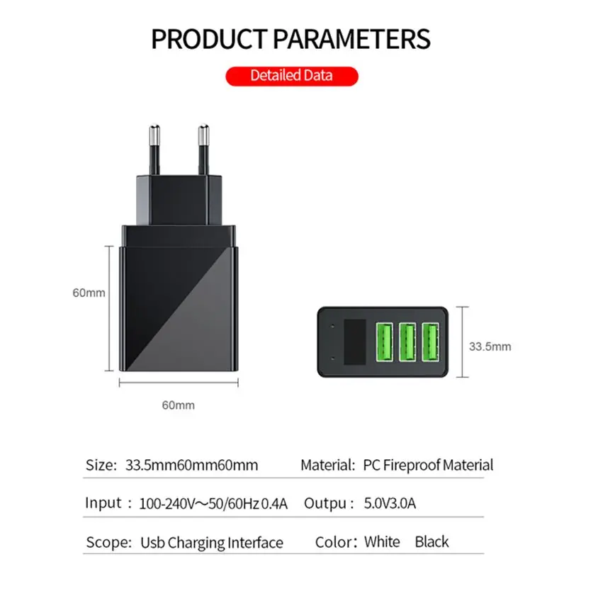 5V 3.1A USB 충전기 삼성 S10 S9 태블릿 3 USB 빠른 충전 디지털 디스플레이 벽 전화 충전기 어댑터, 아이폰 충전기