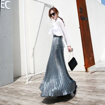 

2019 Summer Fashion Vintage Silver Golden Metal Solid Flared Maxi Skirt High Waist Beach Long Pleated Skirts For Women Ladies