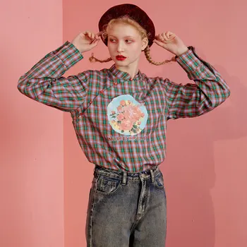 

UNIFREE shirt ladies retro diagonal check printed Chinese style long sleeve shirt spring 2020 new ladies U201D003D1T1