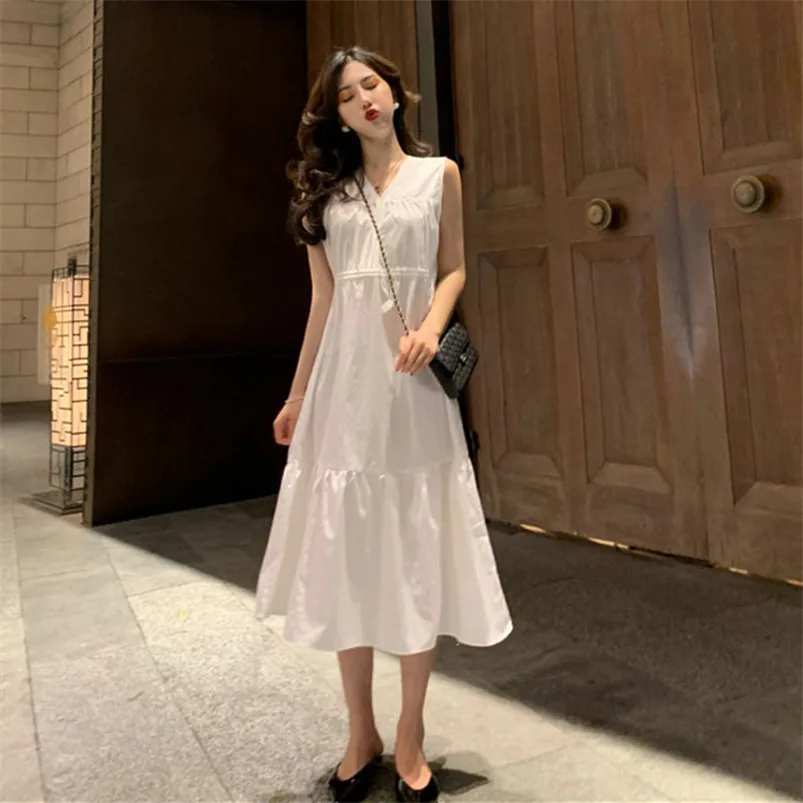 2022 Summer V-Neck Ruffles Long Tank Dress Women Cotton Linen Vintage High Street Female Casual Beach Vestido | Женская одежда