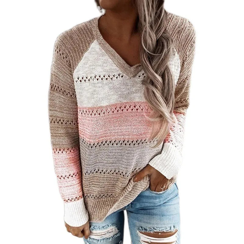 Sweater Women Casual Loose Hooded Pullovers Tops V Neck Knitted Long Sleeve Patchwork Elegant Striped Pullover Jumpers Autumn