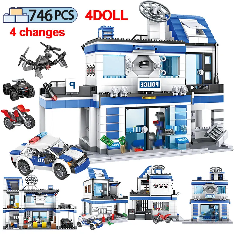 

746PCS Military City Police Station 4 IN 1 Building Blocks Legoing SWAT WW2 Helicopter Car Motorcycle Team Bricks Toys for Kids