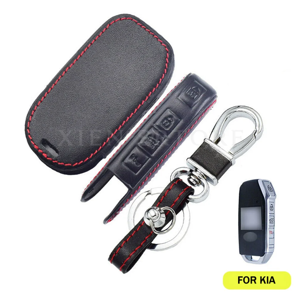 

Leather Car Remote Smart Key Cover Chain Holder Shell Holder Bag Skin Fit For Kia Forte Soul 2019 2020 Telluride 4 Buttons FOB