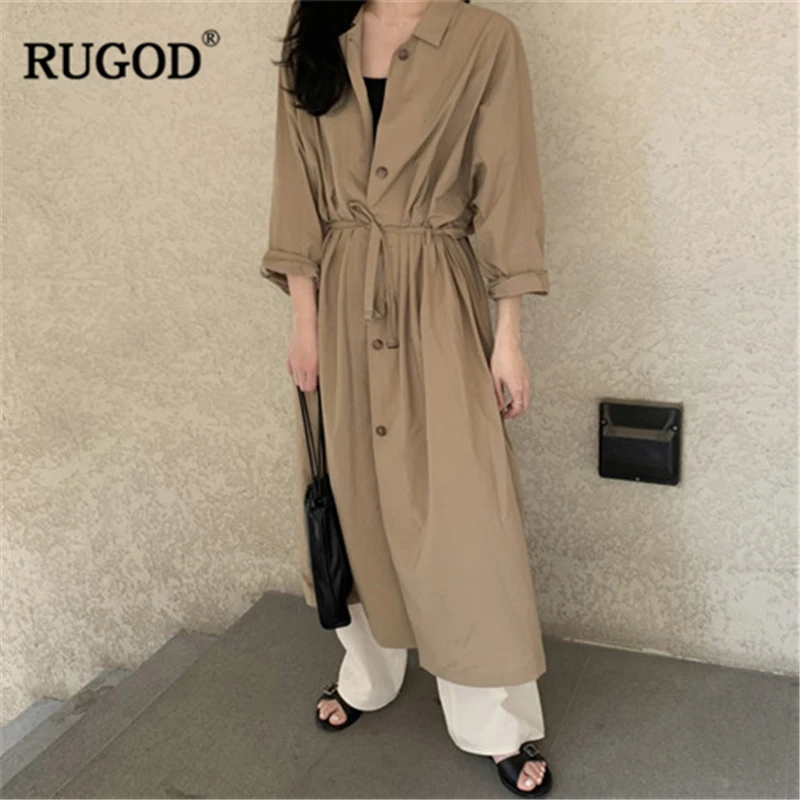 

RUGOD 2019New Autumn Women Solid Straight Dress Turn Down Collar Single Breasted Thin Windbreaker Korean Vintage Vestidos Casual