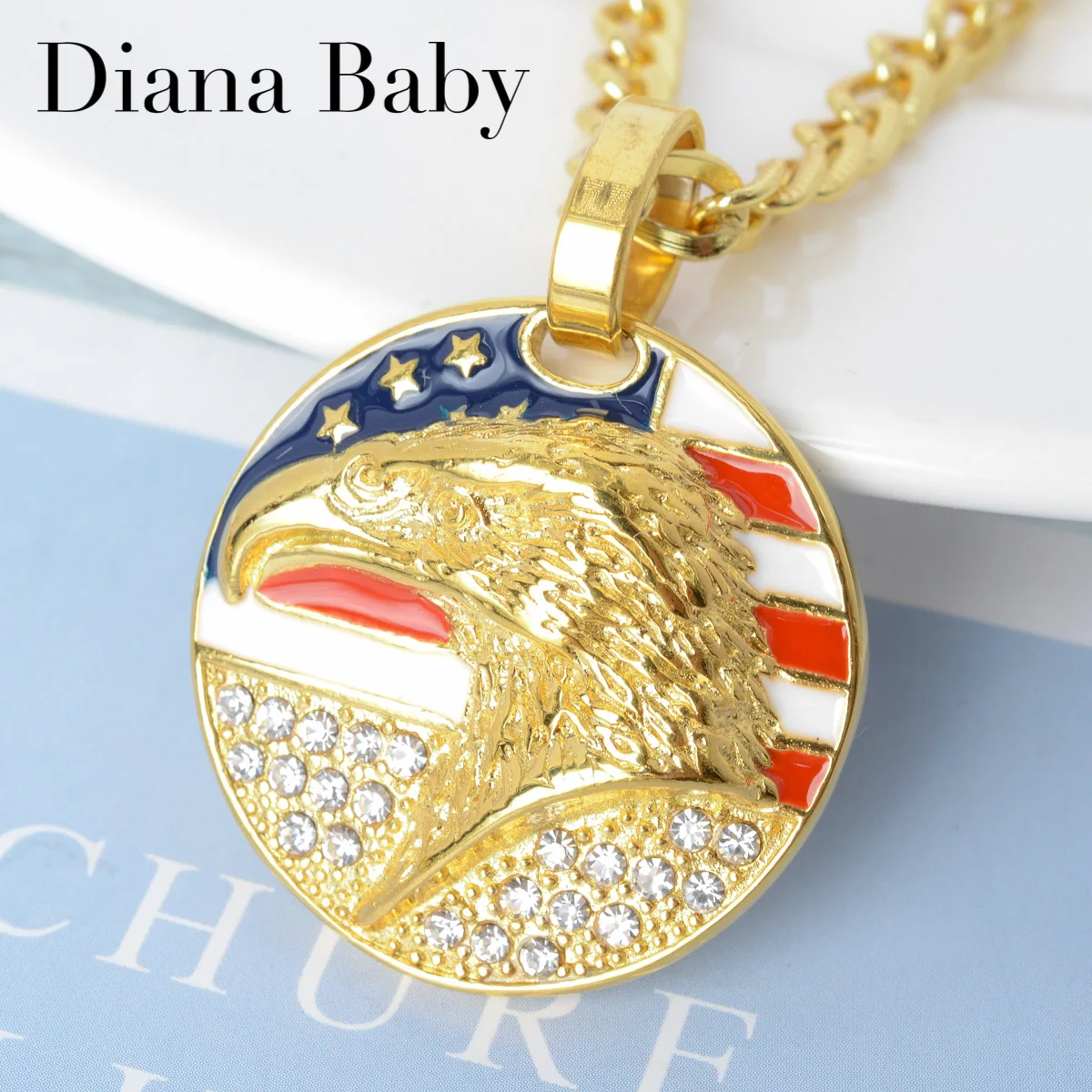 

Diana Baby Jewelry Hip Hop American Flag Eagle Pendent &Necklace Stainless Steel Gold Plated Man's Jewelry Rock Rapper