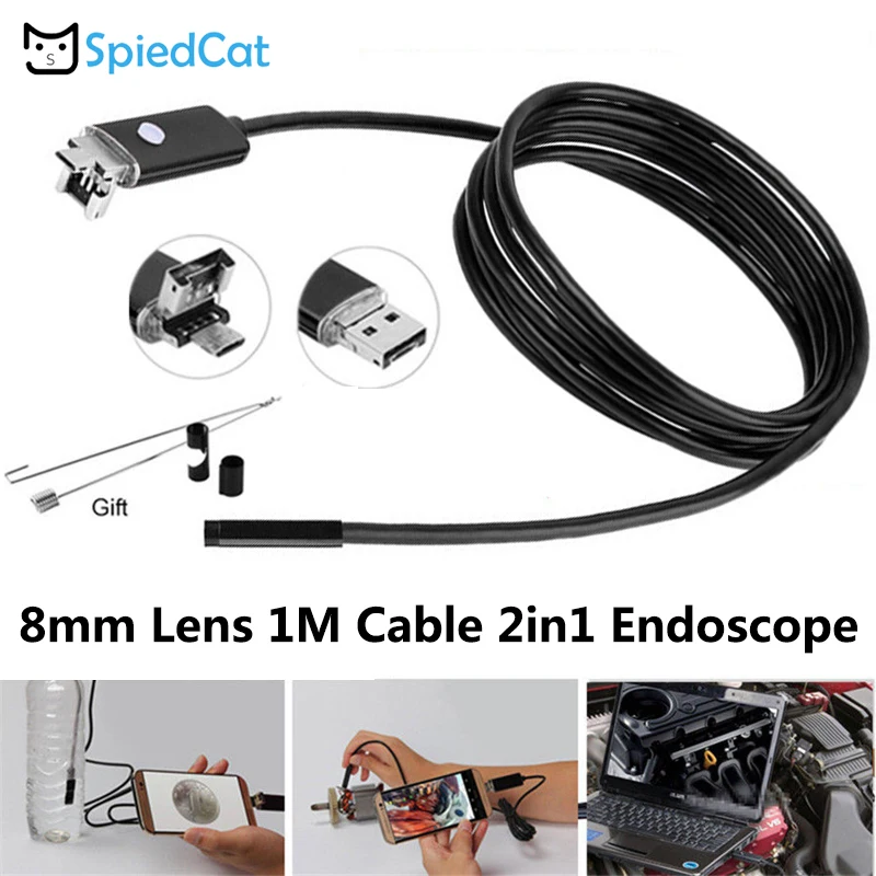 SPIED CAT Mini 8mm 6LED lens 2in1 1m Soft Cable Endoscope Camera Snake inspection Pipe micro USB For Android Phone PC Window SPIED CAT Mini 8mm 6LED lens 2in1 1m Soft Cable Endoscope Camera Snake inspection Pipe micro USB For Android Phone PC Window