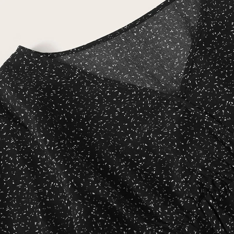 Dotfashion Повседневная шифоновая блузка с воланом и рукавом для женщин, весна, Boho Ruffle, свободные к низу блузки, женский черный топ с v-образным вырезом