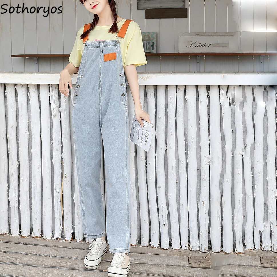 

Women Denim Jumpsuits Fashionable Overalls Leisure All-match Lovely Ulzzang Temperament Students Simple Patches Teens Vintage