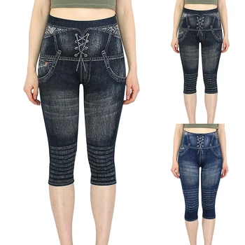 

Women Plus Size Leggings Imitation Cotton Crop pants New Mock Pocket Pants Slim Jeggings Denim Skinny Jeans Trousers