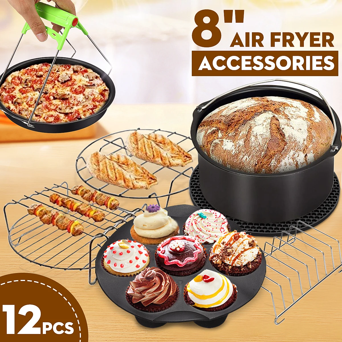 12 Uds. Accesorios Para freidora de aire, 8 pulgadas, aptos para freidora de aire, cesta para hornear, plato para Pizza, olla, herramienta de cocina para fiesta