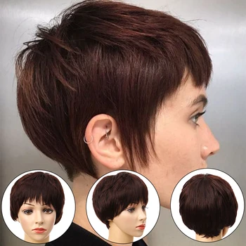 

AllaosifyShort synthetic wigs bob wigs with bangs Heat Resistant wigs for women daily expenses wig Brown Gray