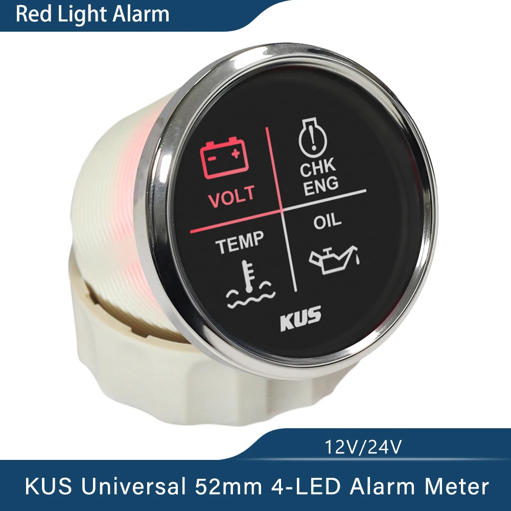 KUS-indicador de alarma de 52mm, medidor de 9 ~ 32V, temperatura de aceite/agua/motor de control, 4 LED, indicador de alarma, apto para coche, barco con retroiluminación