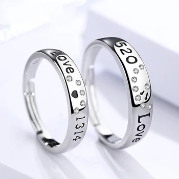 

Elegant S925 Sterling Silver Zircon Ring Korean Version 520 Couple Pair Ring Letter Love Opening Adjustable Silver Ring 2pcs/set