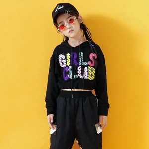 Стильная одежда для девочек; спортивная одежда; толстовки с капюшоном для девочек; хлопковые толстовки; короткие топы; камуфляжные спортивные штаны; комплект одежды с блестками для уличных танцев в стиле хип-хоп - Цвет: black Sweatshirt