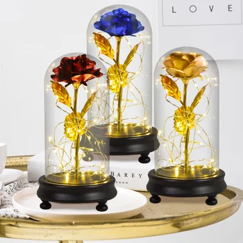 

Beauty and The Beast Gold Foil Flower Galaxy Rose with LED Artificial Flowers Rose In Glass Dome Valentine Christmas Gifts