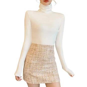 

Women Autumn Winter Casual Sweater Fashion High Collar Slim Sweater Solid Color Knit Bottoming Pullovers