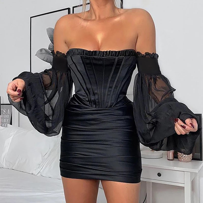 

Women Off Shoulder Party Dress Black Patchwork Mesh Sleeve Satin Dress Sexy Strapless Mini Bodycon Dressese Vestidos Mujer