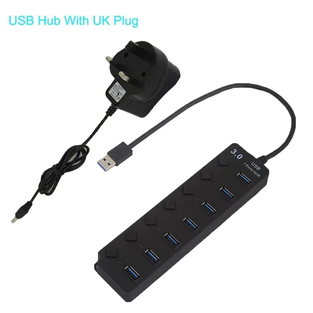 7 Port With UK Plug CHYI usb-хаб 3,0 4/7 портов Высокоскоростной USB 3,0 Hab разветвитель вкл/выкл с EU/US/AU/UK адаптер питания для ноутбука MacBook - Цвет: 7 Port With UK Plug