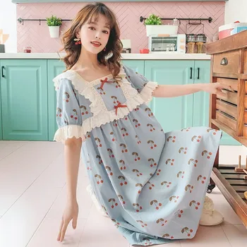 

Summer Soft Cotton Women's Sweet Nightgowns Cherry Pattern Short Sleeve Sleepwear Cute Girls Loose Night Dress Home Wear